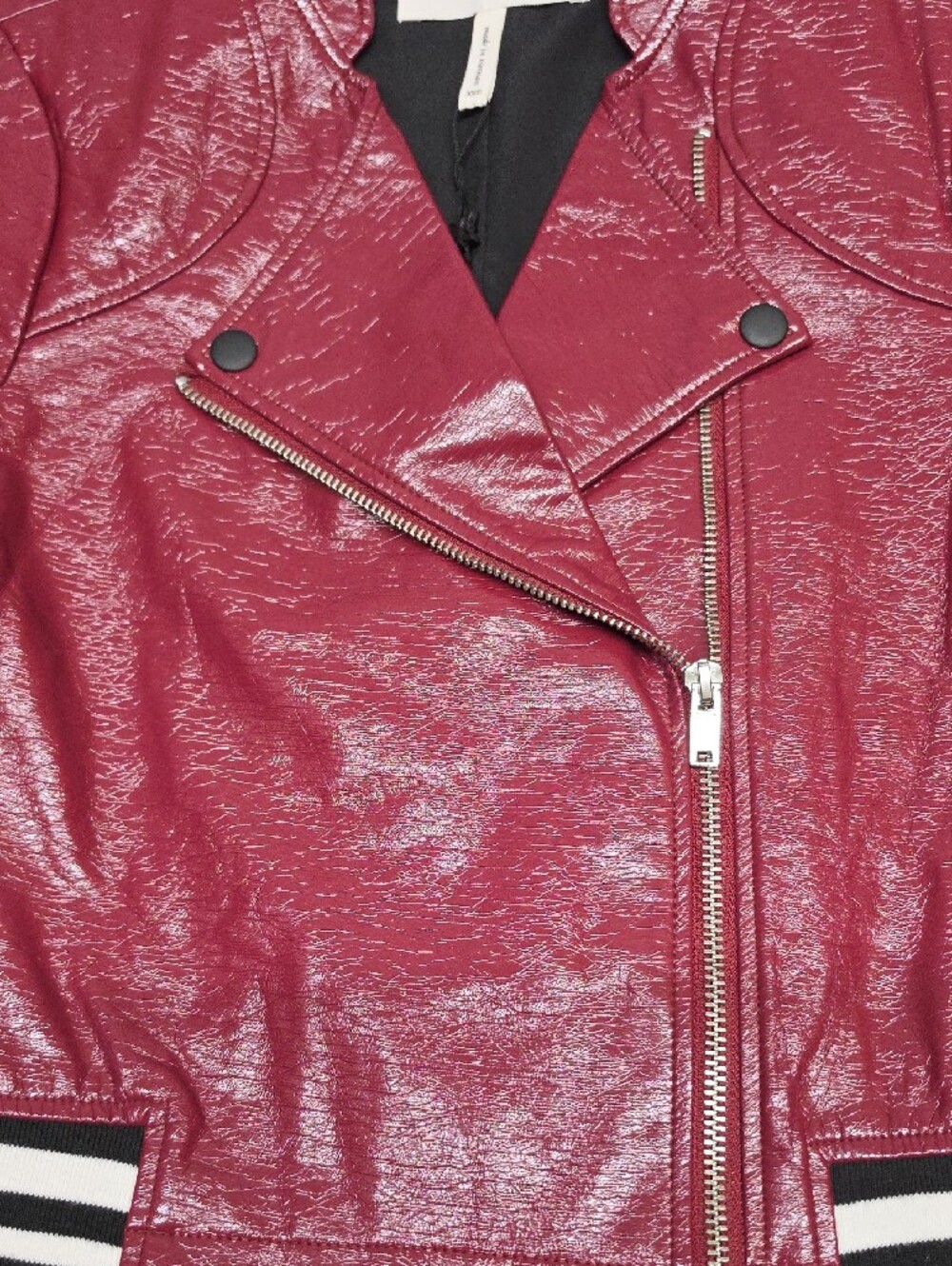 BCBGeneration XXS Glossy Burgundy Vegan Leather Bomber Jacket with Striped Cuffs - Picture 3 of 9